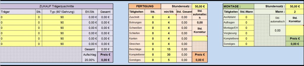 Kalkulationsprogramm_Trägerzuschnitte, Fertigung, Montage Kalkulationsprogramm